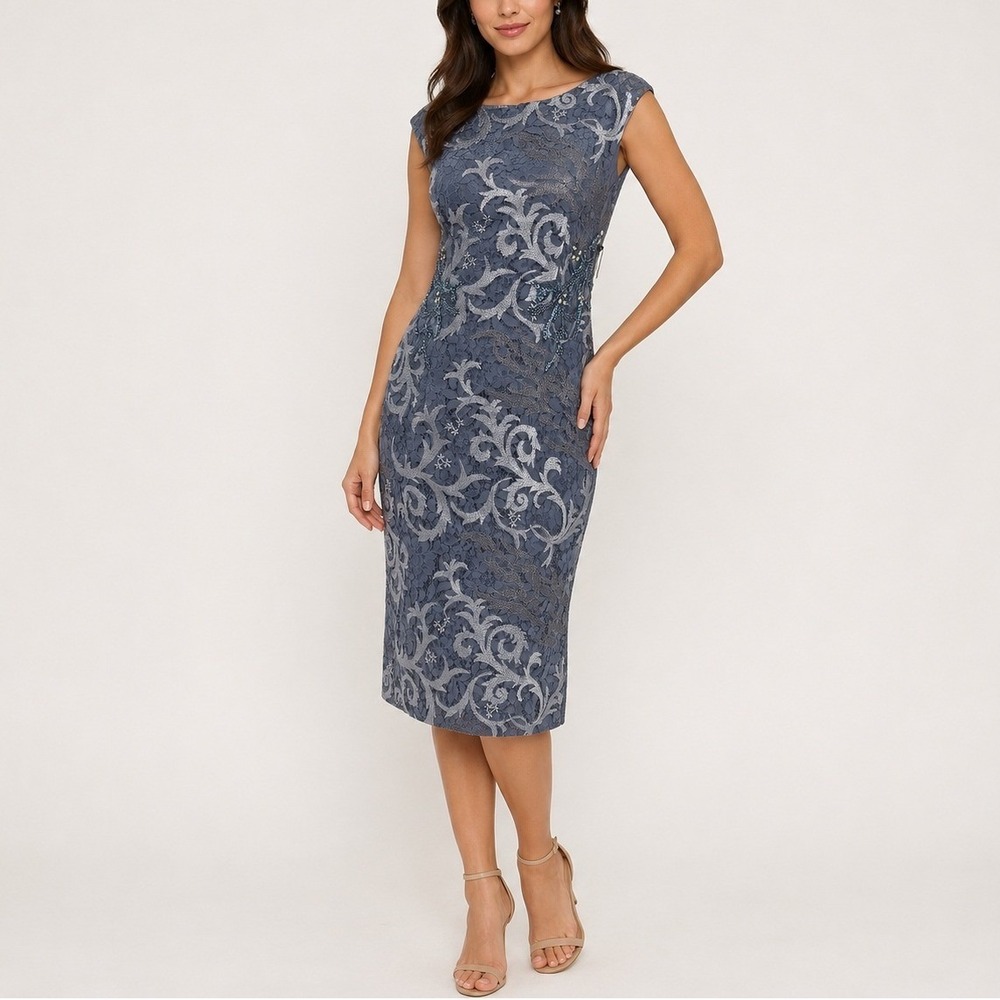 Adrianna Papell Embroidered Lace Midi Dress 8 Blue Beaded Formal Cocktail